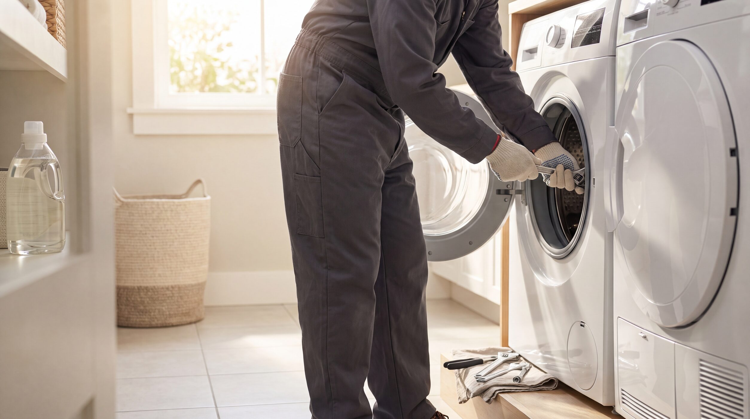 A technician servicing an open washing machine in a bright home